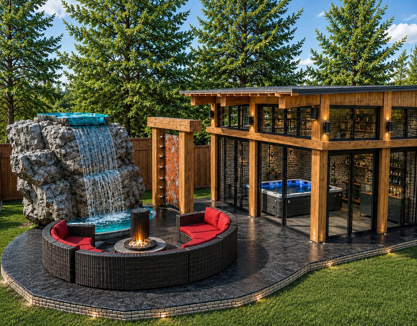 3D rendering of a luxury backyard with waterfall feature, fire pit lounge, and glass pavilion