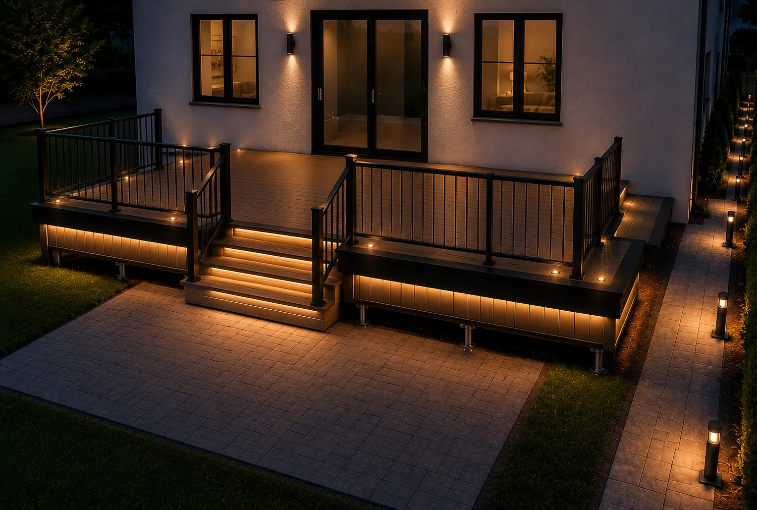 3D rendering of an illuminated composite deck with railing lighting and paver patio
