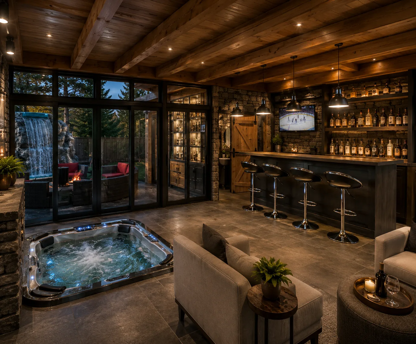 3D rendering of a covered indoor lounge with sunken hot tub, bar seating, and timber ceiling overlooking a waterfall