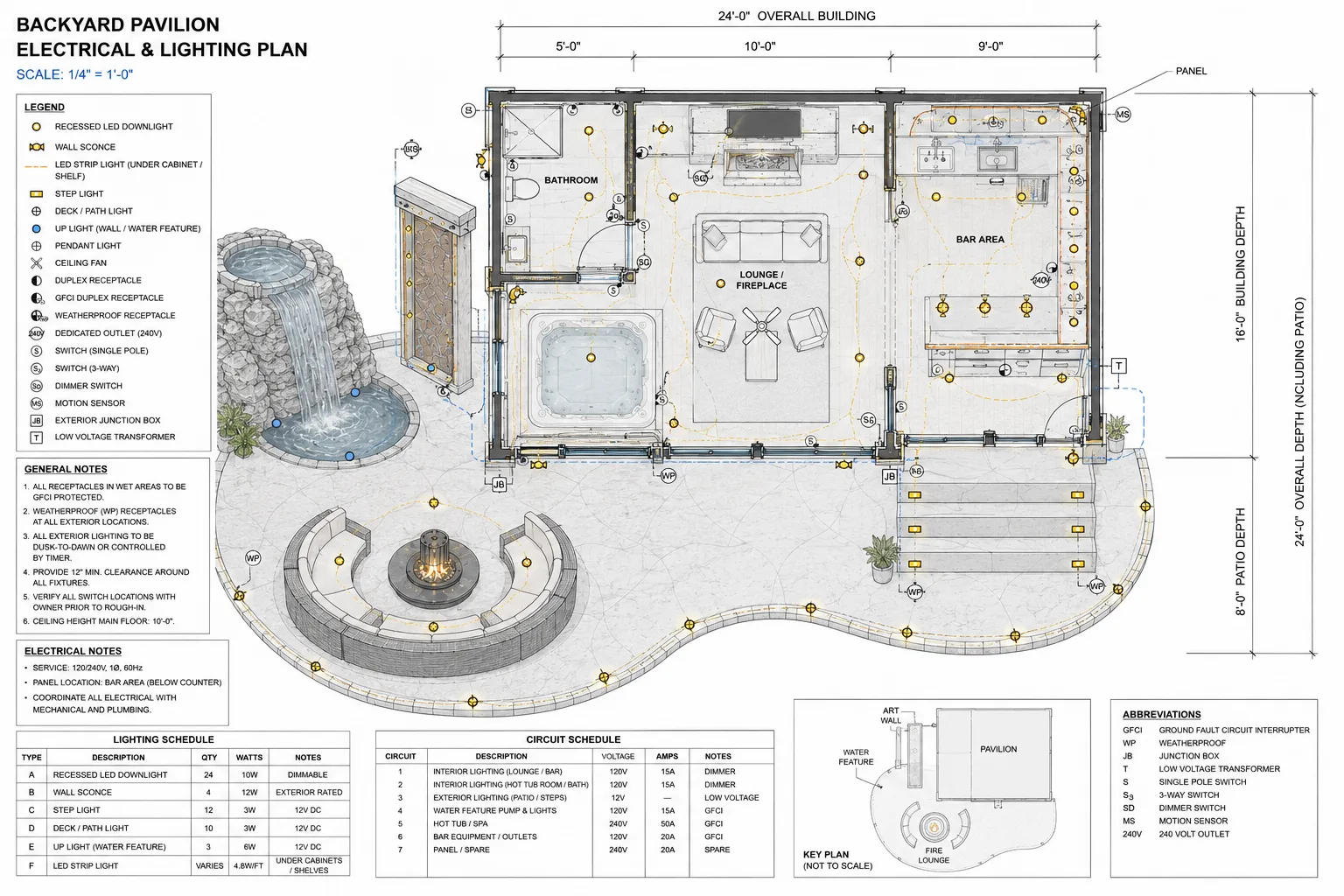 Backyard pavilion electrical and lighting construction plan by HWM