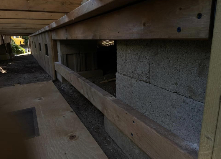 Floor framing and concrete block foundation support under a structure