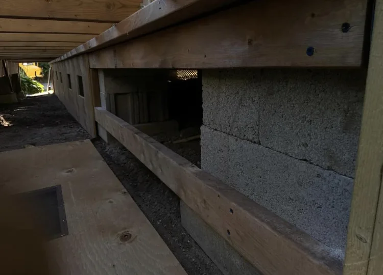 Floor framing and concrete block foundation support under a structure
