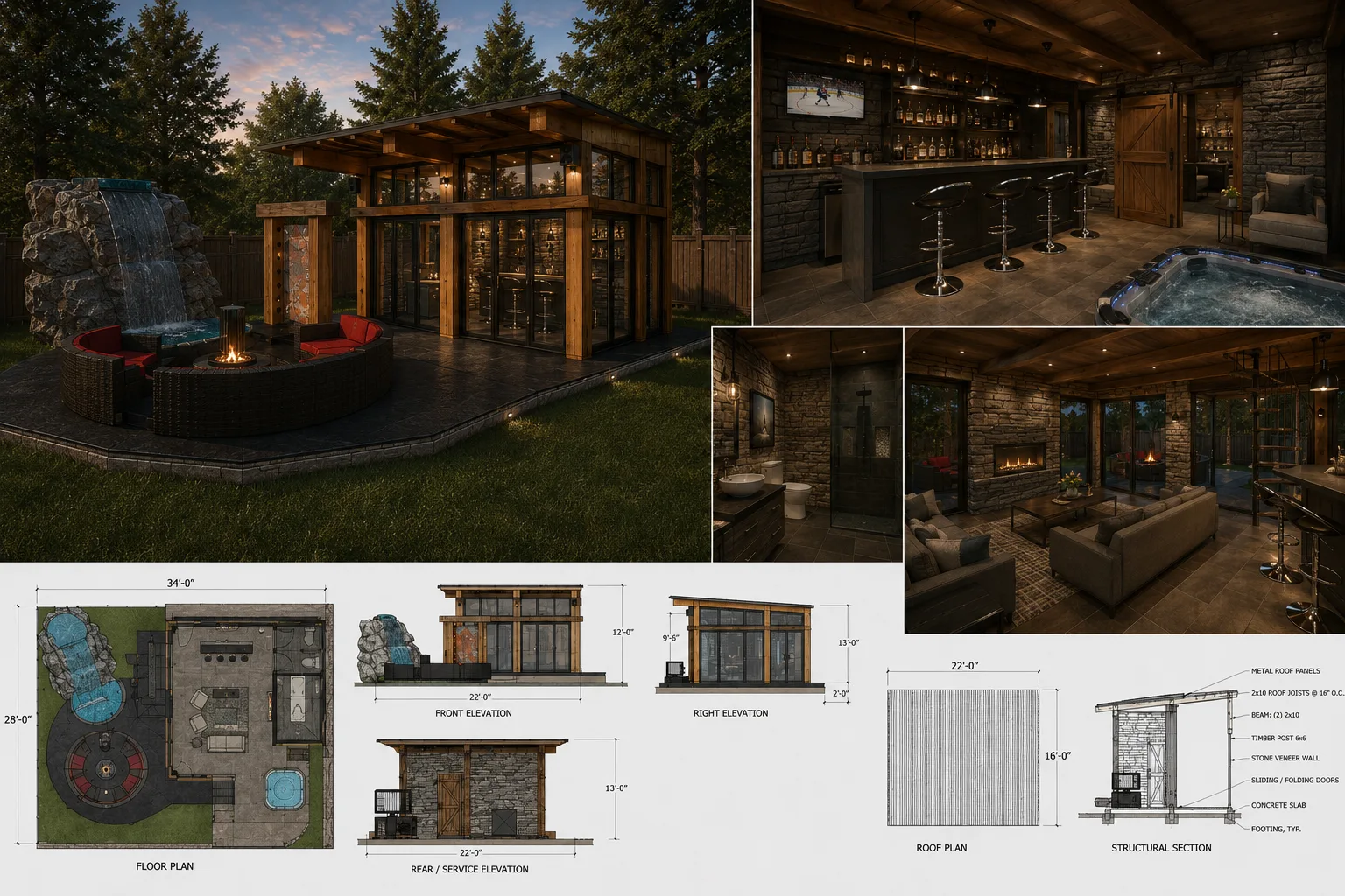 The Dynasty presentation board — interior renders with floor plan and construction details