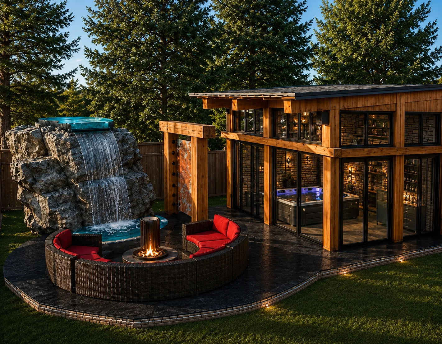 The Dynasty at dusk — illuminated pavilion, waterfall, and fire-pit lounge