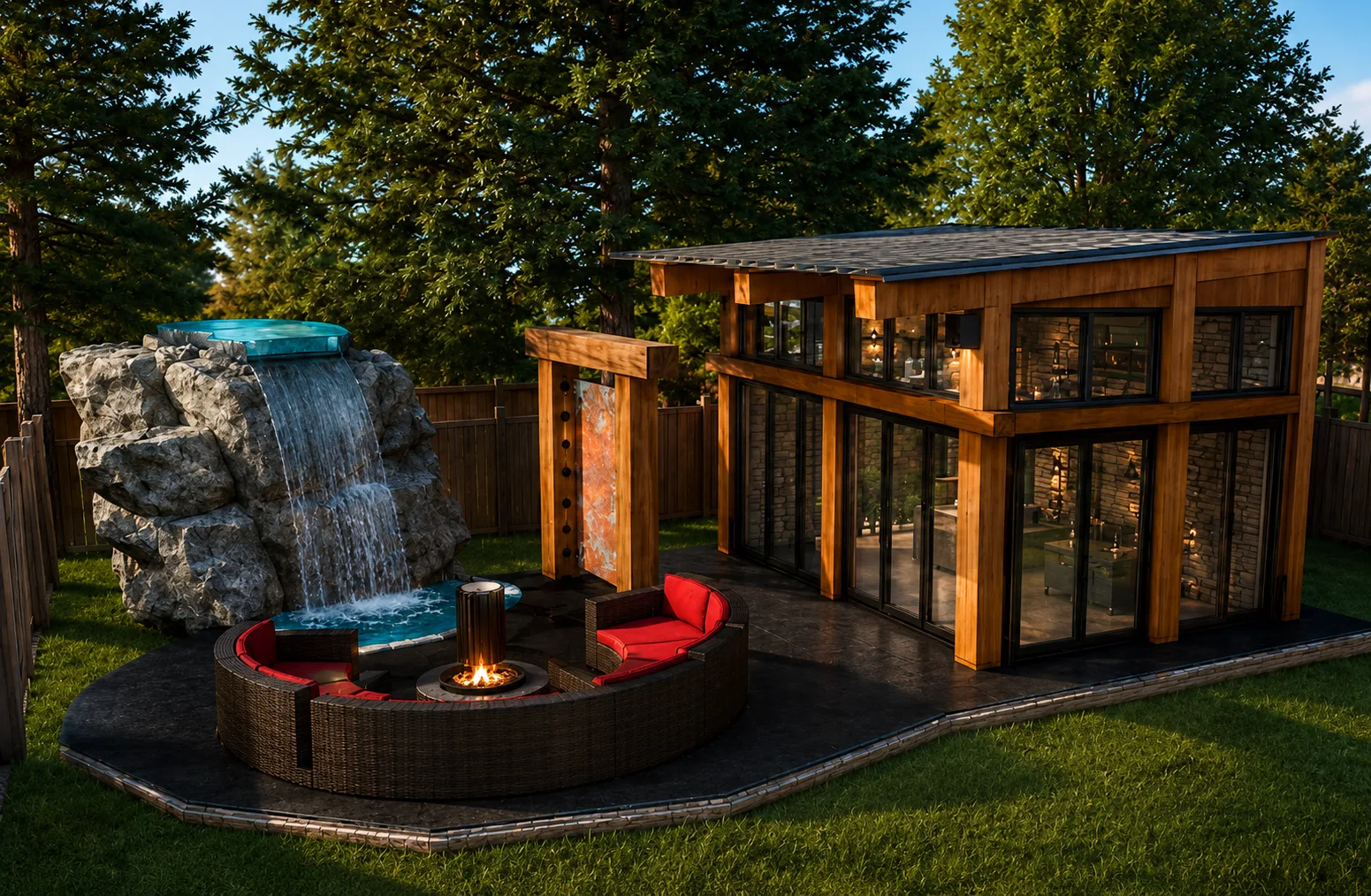 The Dynasty — backyard pavilion with waterfall feature, circular fire-pit lounge, and glass-walled entertainment room