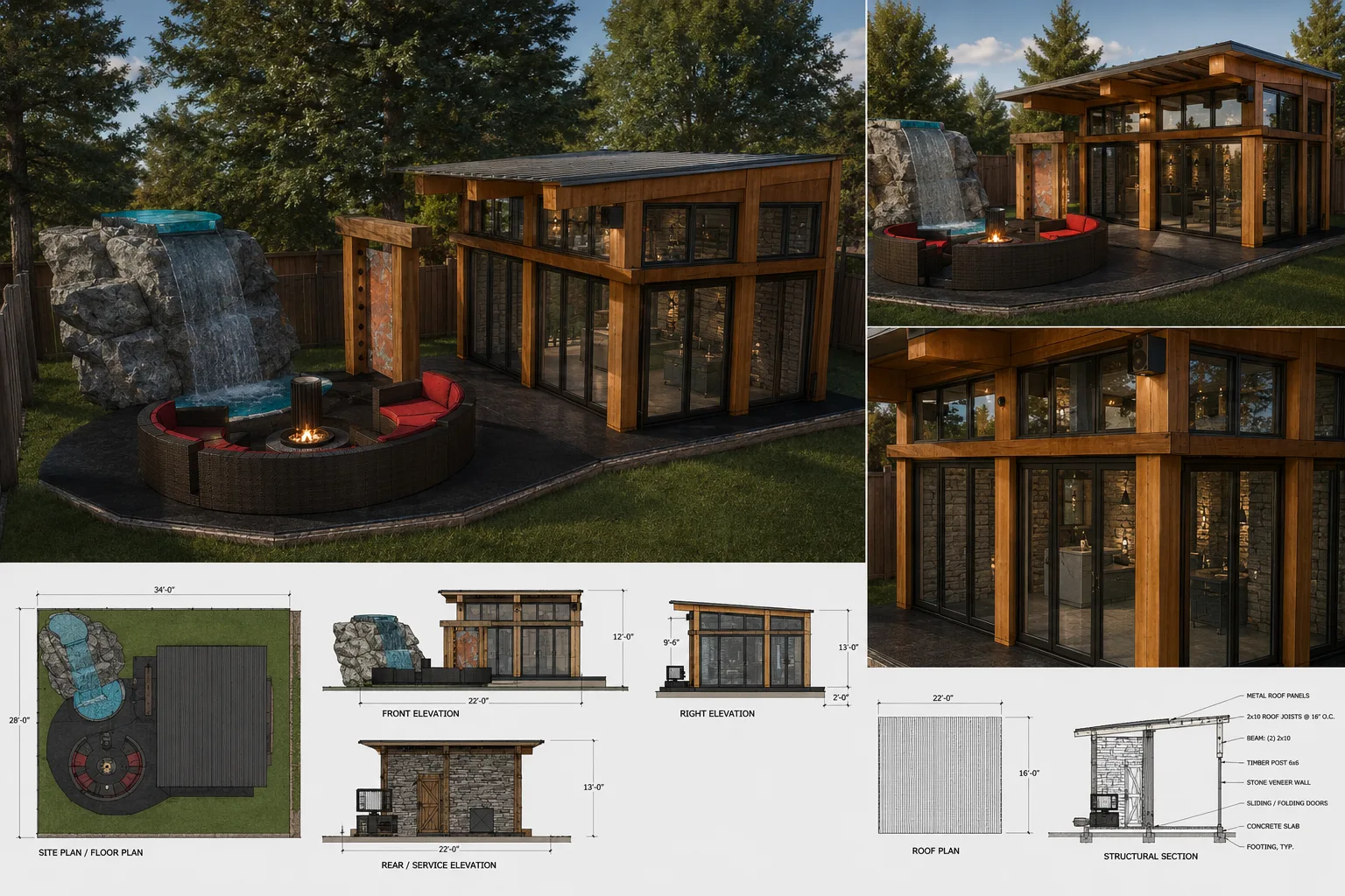 The Dynasty presentation board — renders with site plan, floor plan, elevations, roof plan and structural section