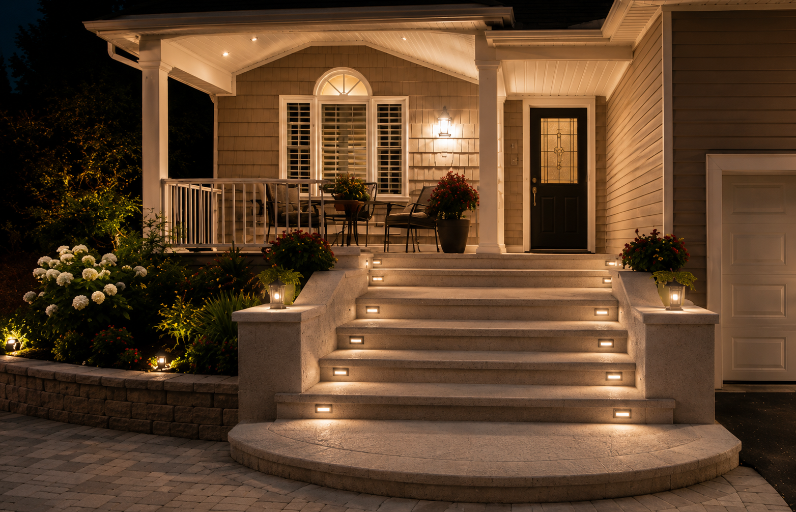 The same entrance rebuilt with wide illuminated concrete steps, covered porch, and landscape lighting