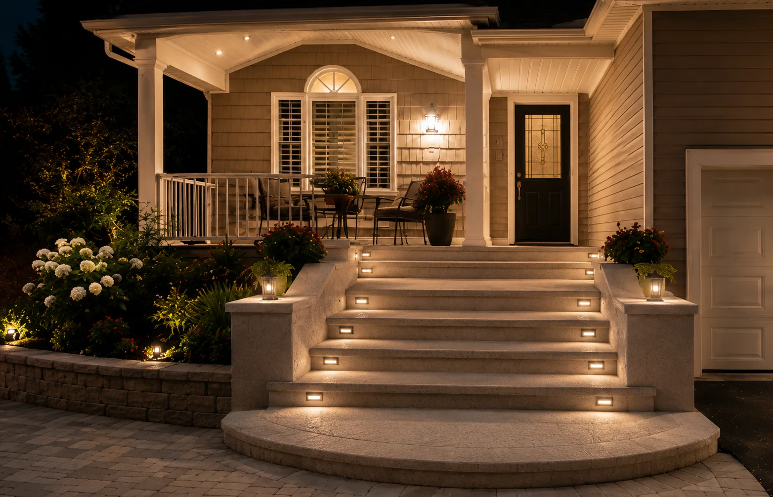 The same entrance rebuilt with wide illuminated concrete steps and landscape lighting