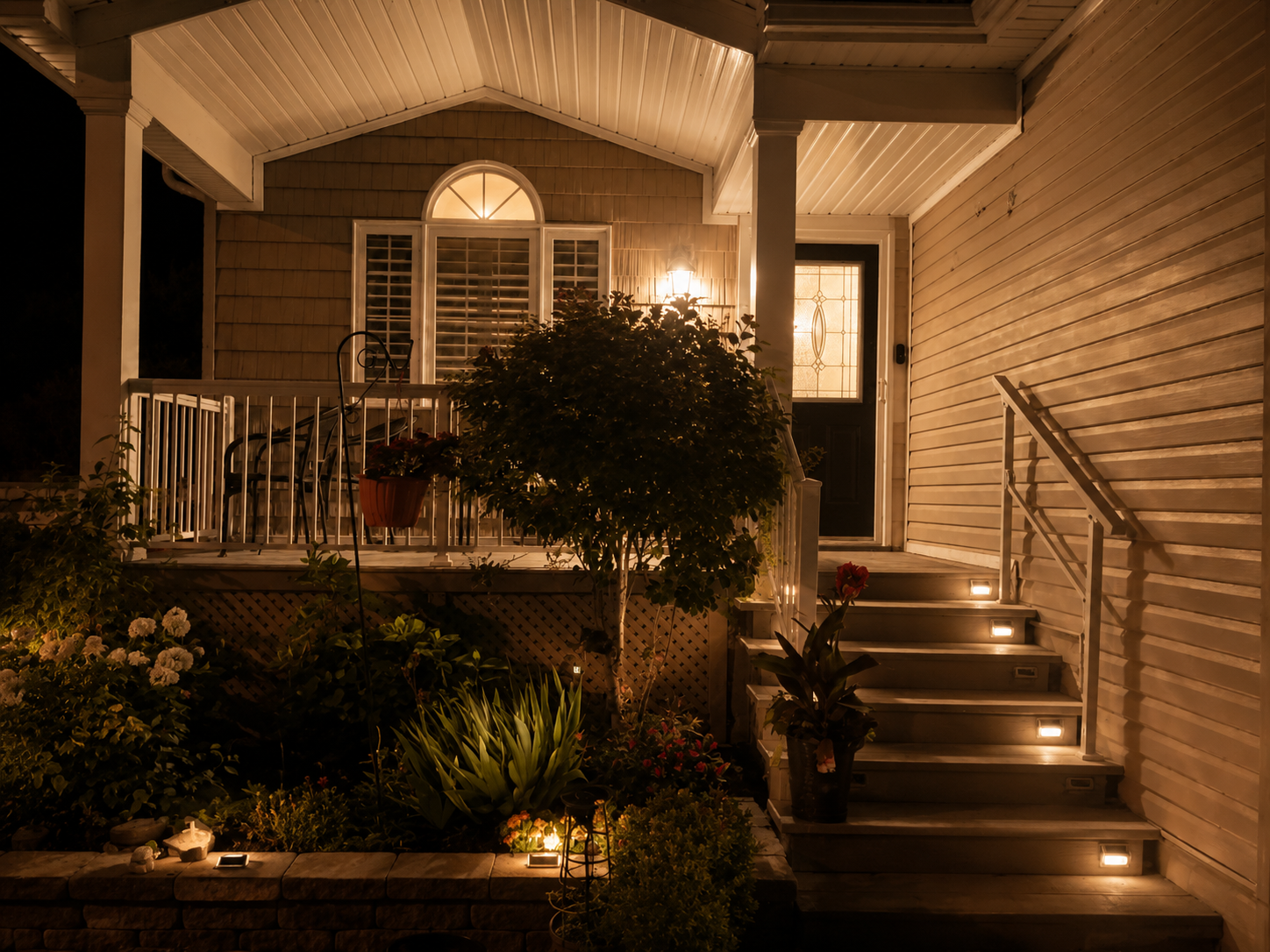 Entrance porch with the original narrow steps before renovation, at dusk