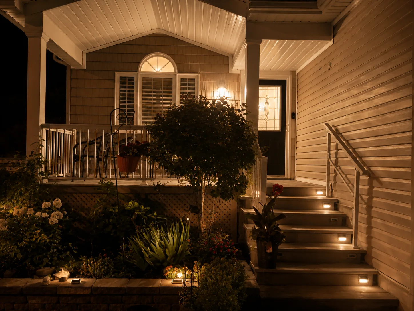 Entrance porch with the original narrow steps before renovation, at dusk