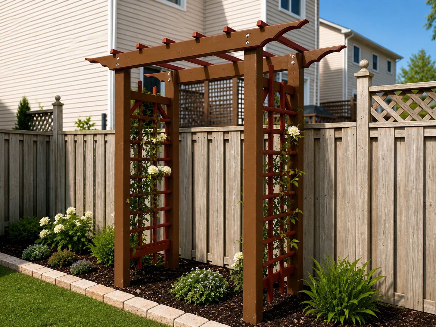The finished cedar pergola arbor installed in a landscaped backyard